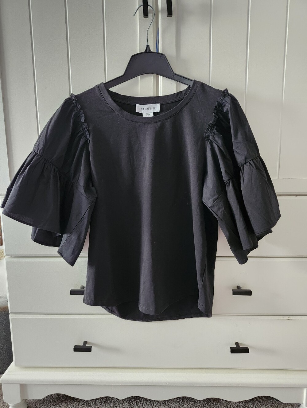 Bailey 44 Black Womens Tiered Ruffle Short Sleeve Tee Sz M